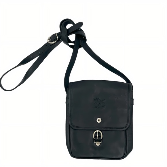 Vintage IL Bisonte Black Leather Crossbody Messenger Bag Made in Italy Designer